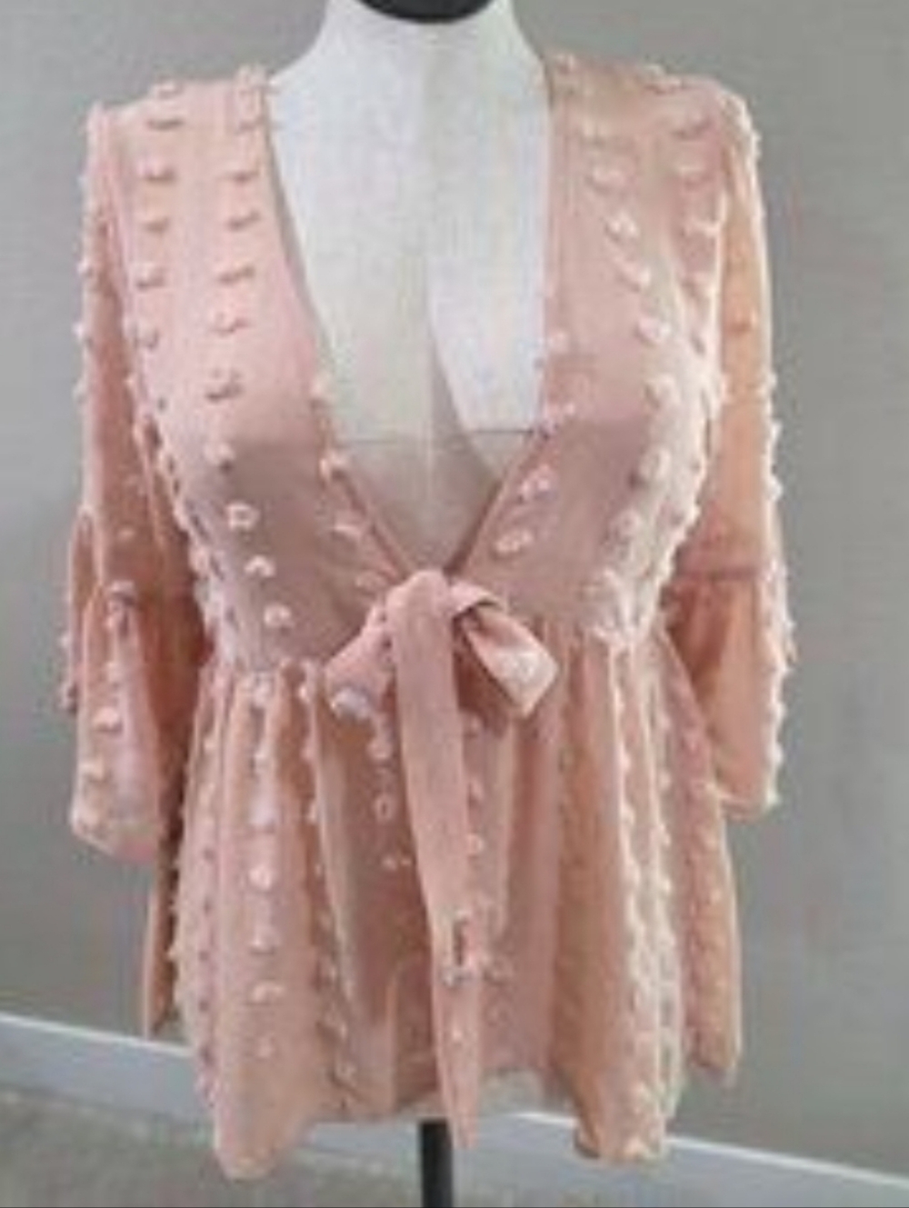 Kori Pale Pink Textured V-Neck Tie-Front Kimono
